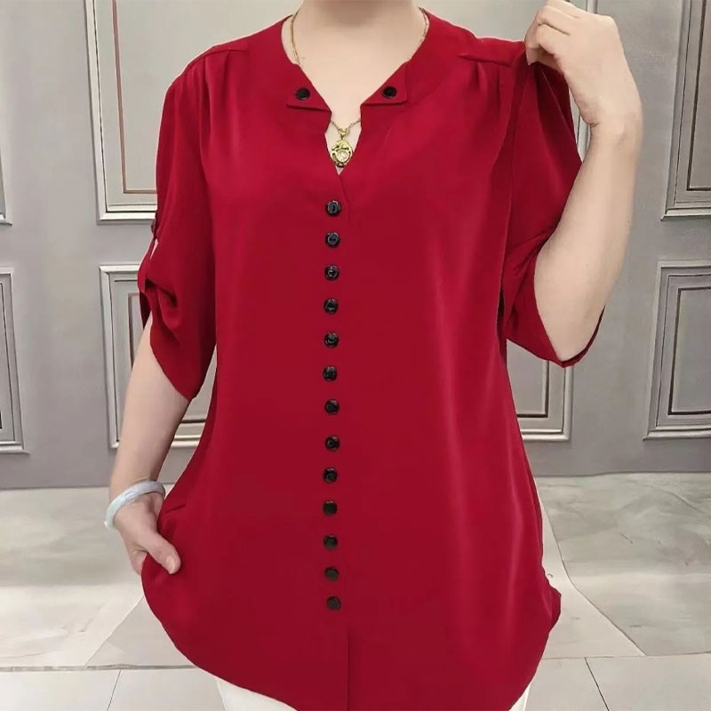 Vintage Collectible Buttons - Basic Loose V-Neck Blouse Commute Solid