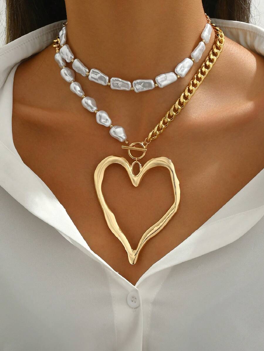 Vintage Necklace - 2pcs Vintage Exaggerated Metal Heart-Shaped Asymmetric